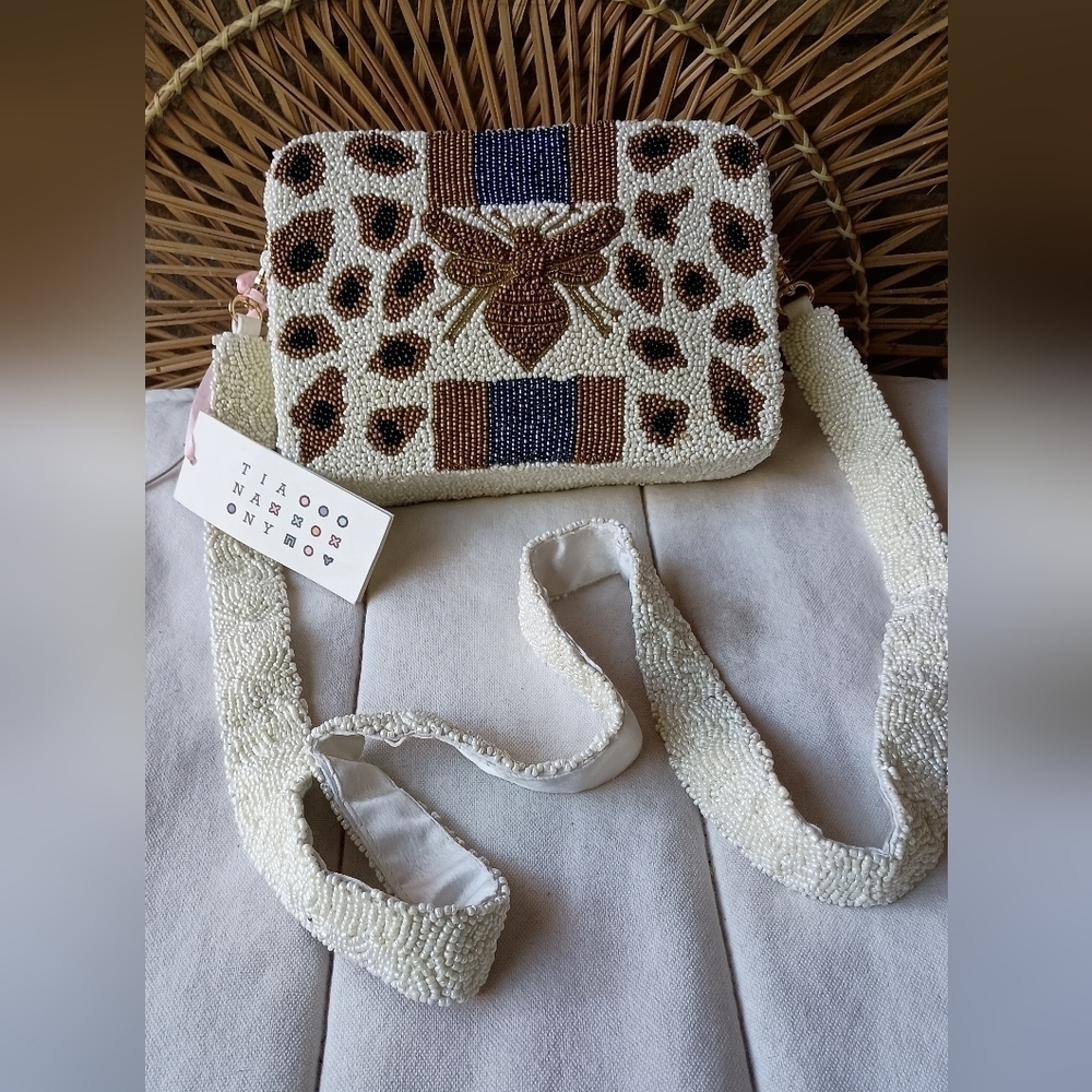 NWT Tia NA NY Beaded Cream and Brown Leopard And Bee Crossbody Bag
